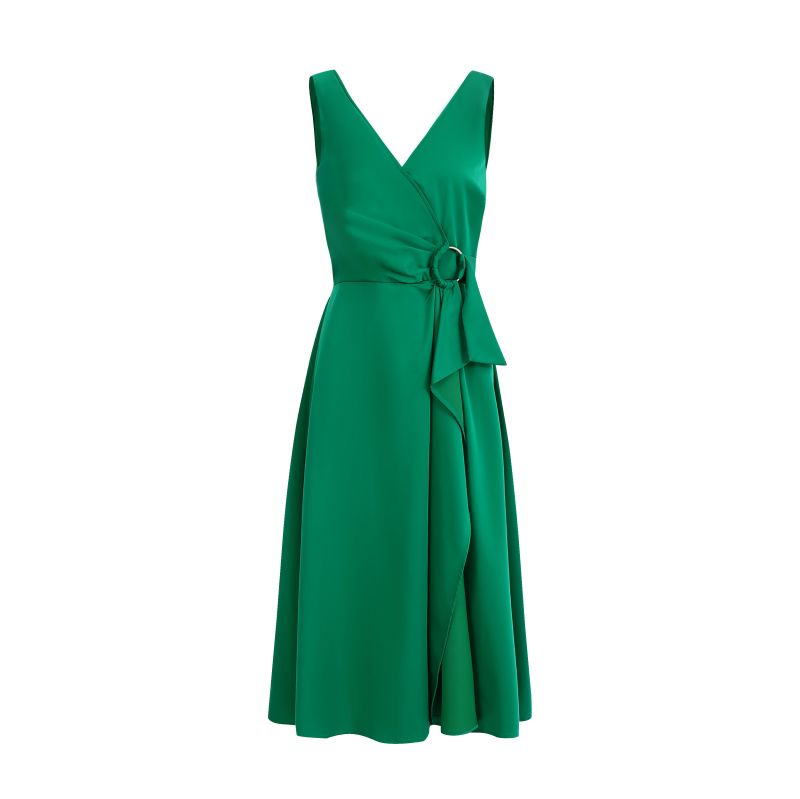 Green simple V-neck lace up dress