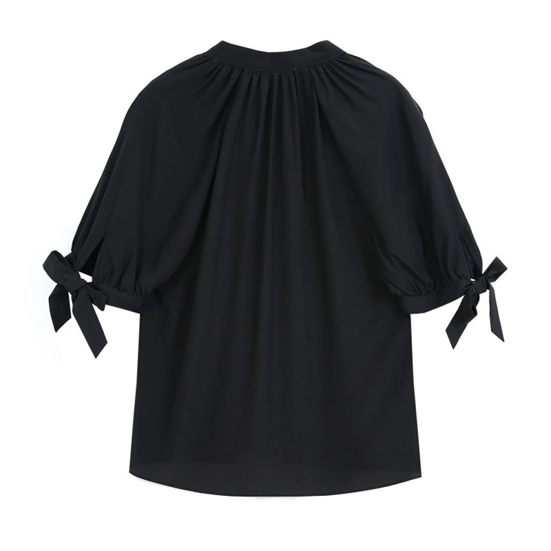 Cuff strap V-neck black women's shirt