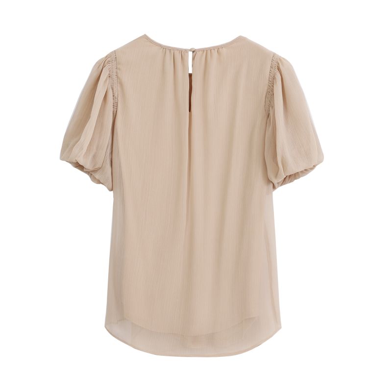 Round neck bubble sleeve solid color T-shirt