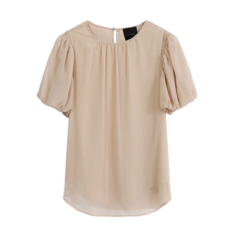 Round neck bubble sleeve solid color T-shirt.jpg