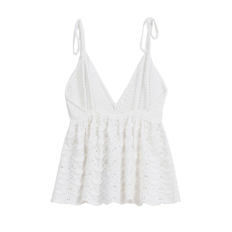 Short hollow embroidery white suspender vest